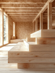 Stacked wooden planks in a sunlit space.