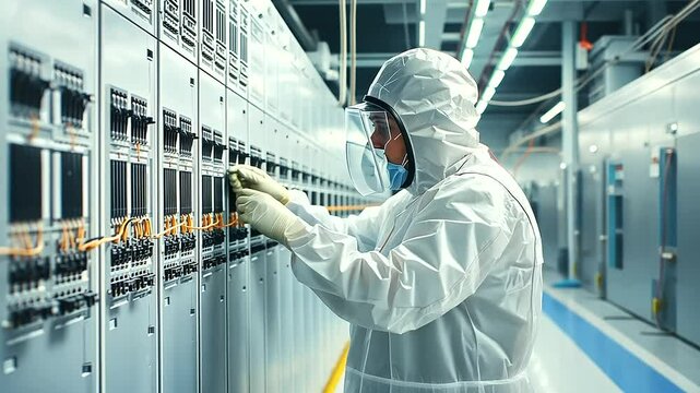 Worker Testing Electrical Connections at Substation in Safety Suit