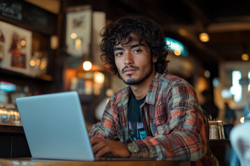 Fototapeta premium Confident young latin man working remotely on his laptop in a cozy cafe