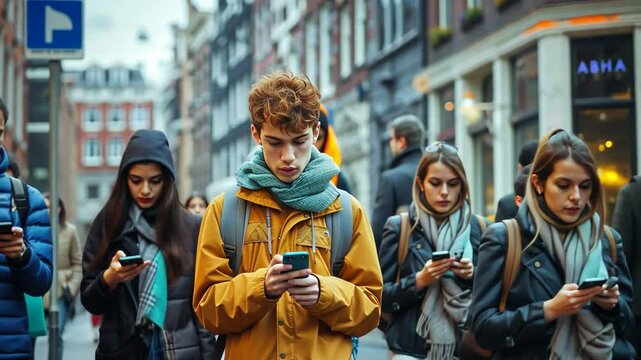Young people walking on a busy city street absorbed in smartphones, reflecting modern social media addiction and technology dependence