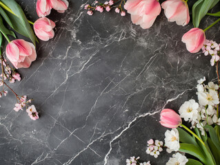 Spring floral arrangement with pink tulips and white flowers laying on dark marble background. Botanical flat lay composition.