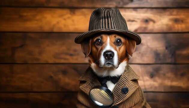 Generated image  A dog in a Sherlock Holmes outfit, complete with a deerstalker hat and magnifying glass