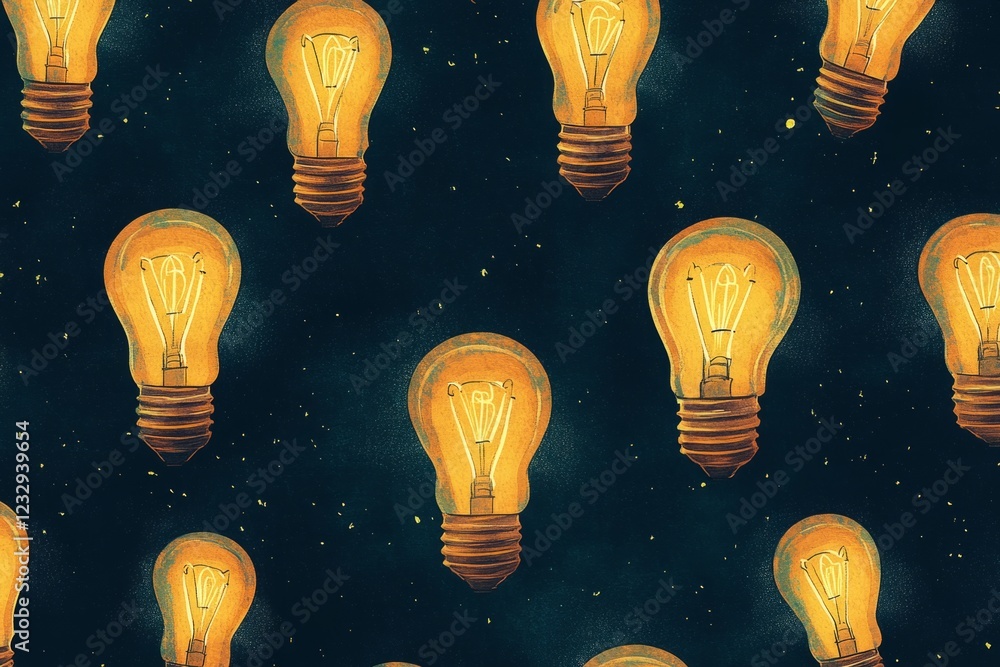 Poster Many glowing light bulbs arranged on a dark background with small dots, creating a visually appealing pattern
