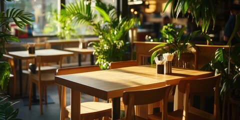 Obraz premium Sunlit Restaurant Interior: Wooden Tables and Lush Greenery