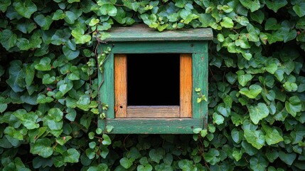 Green birdhouse, ivy wall, garden, nature