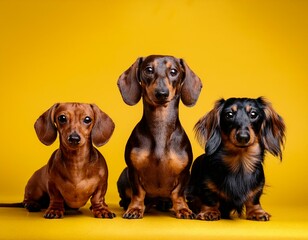 Generated image three dachshund dog sitting side by side, isolated on yellow background with space