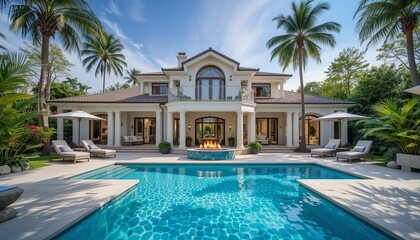 Fototapeta premium Luxury Tropical Estate: A stunning architectural masterpiece, this expansive villa boasts a pristine infinity pool, lush landscaping, and majestic palm trees, creating a tranquil oasis of luxury. 