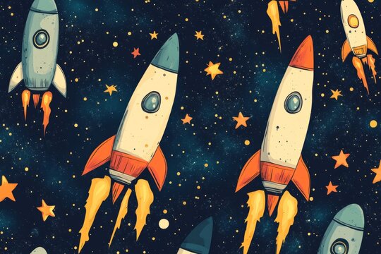 Seamless pattern of vintage rockets flying among the stars