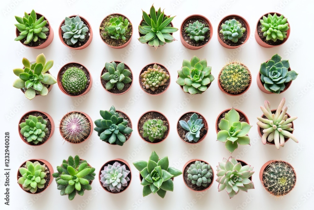 Poster top view of a variety of small succulents and cacti arranged in pots on a white background, creating