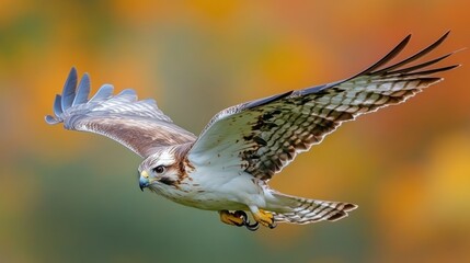 Fototapeta premium Hawk in flight, autumn background, nature scene, wildlife photography