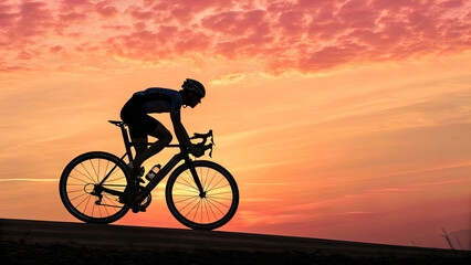Fototapeta premium Cyclist silhouetted against a vibrant sunset sky