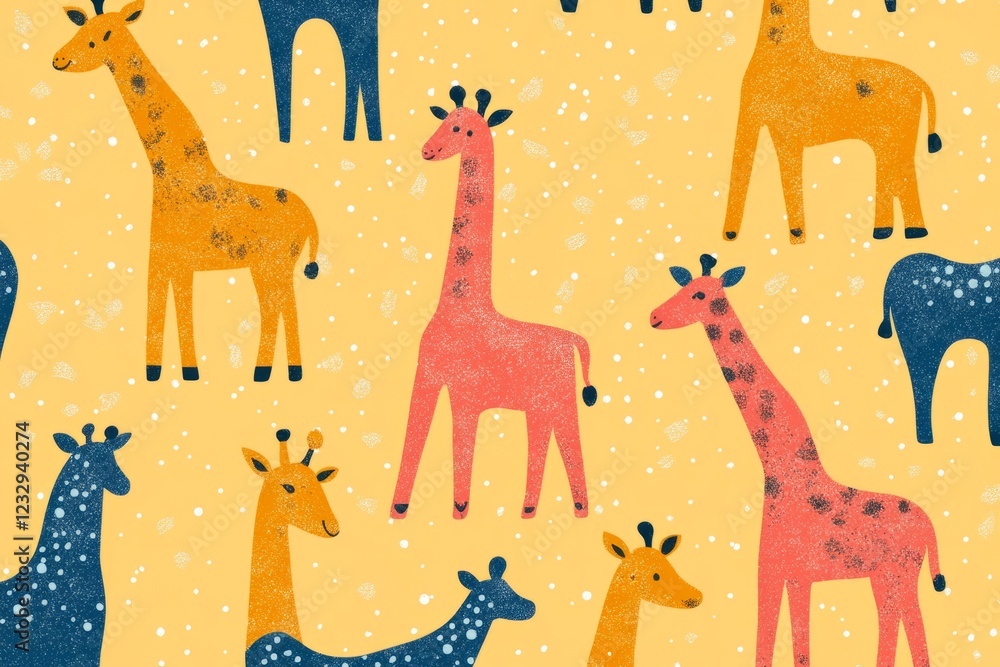 Poster seamless pattern of colorful giraffes walking on a yellow background with white dots, creating a che