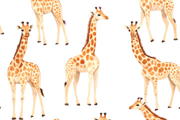 Watercolor painting features a seamless pattern of giraffes on a white background, creating a charming and whimsical design