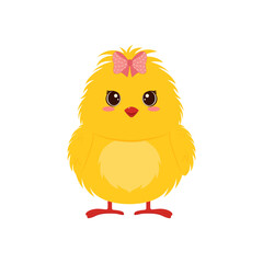 Cute little Easter chick with pink bow. Vector illustration.