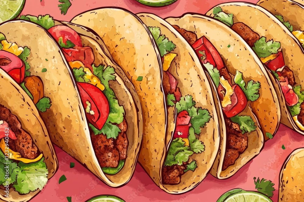 Poster several tacos with various ingredients lay on a pink background, creating a vibrant and appetizing i