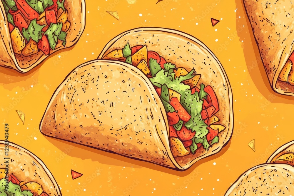 Poster crunchy tacos with vegetables filling lying on an orange background create a vibrant and appetizing 