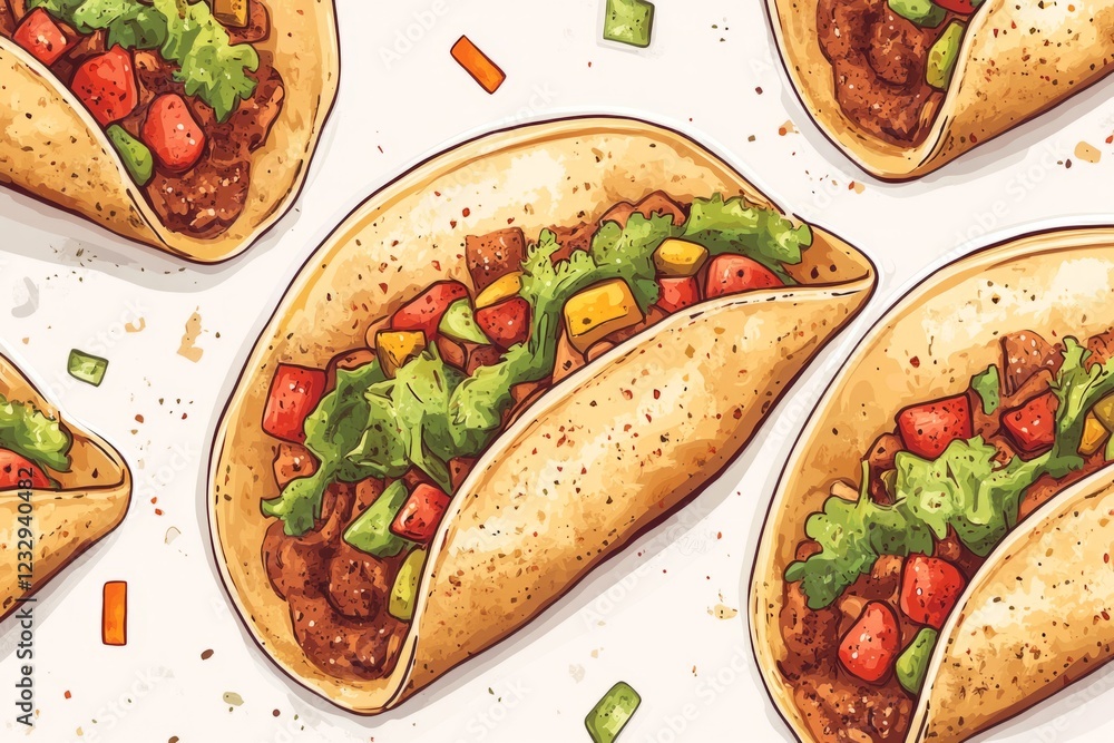 Poster overhead view of several tacos filled with meat, lettuce, tomatoes, and guacamole, creating a vibran