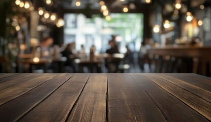 Fototapeta premium Wooden Tabletop in a Blurred Cozy Cafe