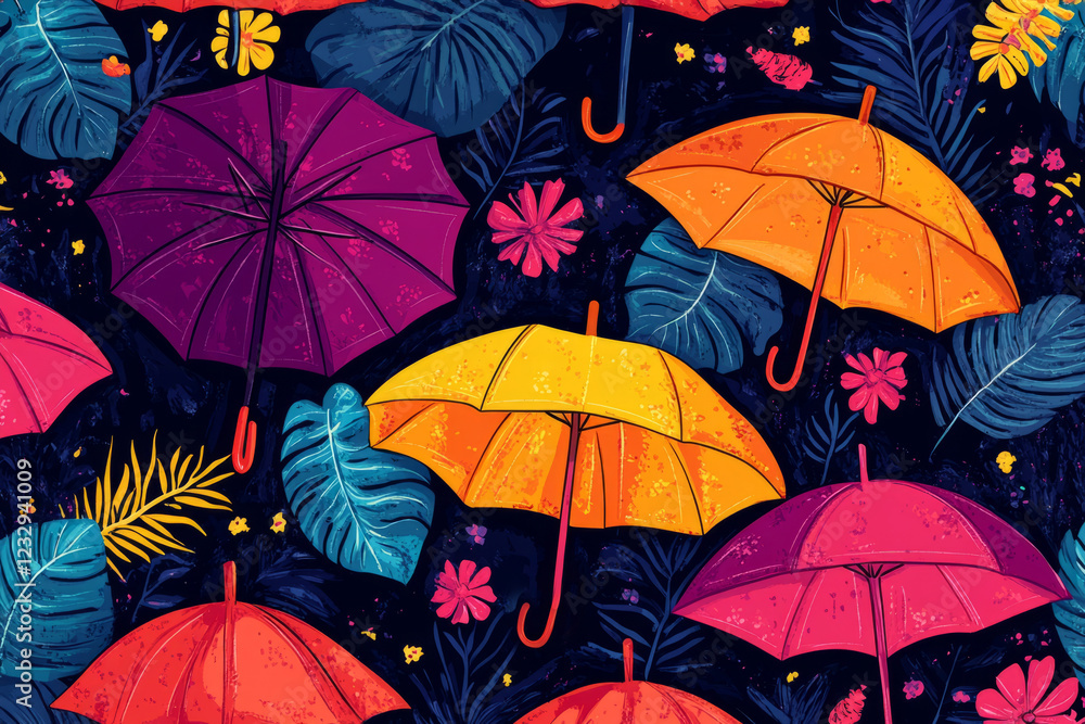 Poster seamless pattern featuring colorful umbrellas and tropical leaves on a dark background, creating a v