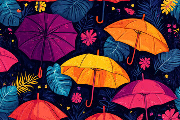 Obraz premium Seamless pattern featuring colorful umbrellas and tropical leaves on a dark background, creating a vibrant and cheerful design
