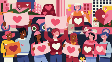 "A vibrant flat design of a Valentine's Day parade with diverse couples celebrating love, holding banners with heart symbols"