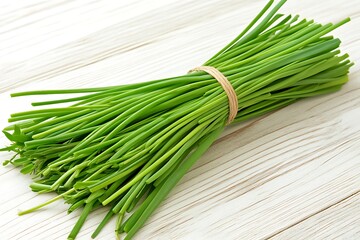 Fresh Chives on a White Wooden Background