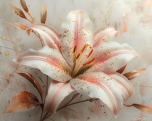 Delicate Lily Blossom With Golden Specks On Soft White Background Floral Arrangement Art