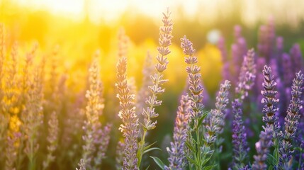 Obraz premium Lavender Flowers Blooming in Golden Sunlight