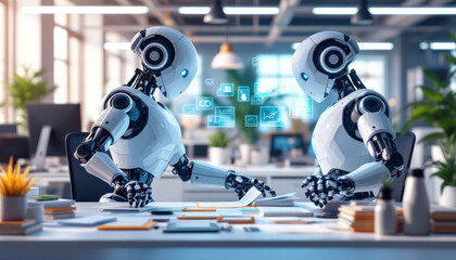 Futuristic Office: Two Robots Collaborating on a Project