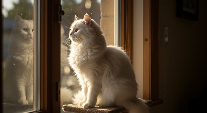 Fluffy white cat looking out windowsill, sunlight.  Pet.