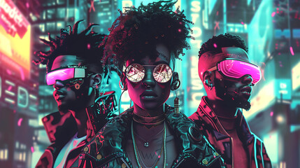 a group of futuristic people wearing neon virtual reality goggles in a city