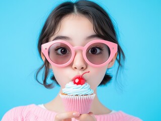 Obraz premium young woman with pink sunglasses and a cupcake