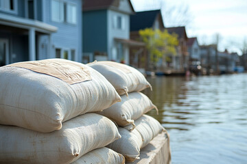 Sandbags placed along the waterfront during spring flood preparations in a residential area