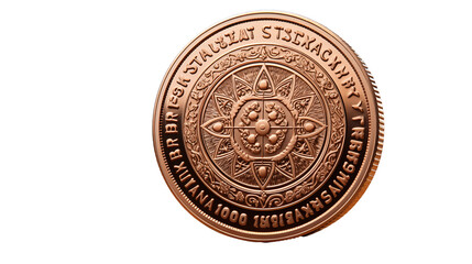 Copper Coin Intricate Ancient Design, Metallic Texture for Artistic Displays, isolated on transparent background.