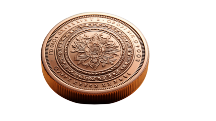 Detailed Copper Coin Ancient Symbols, Metallic Texture for Close-Up Views, isolated on transparent background.