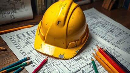 Construction Safety Planning -  Hard Hat on Blueprint