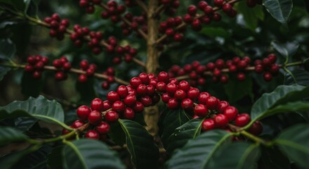 Ripe Red Coffee Beans on Branch Lush Green Leaves