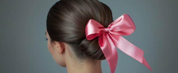 Naklejka premium Classic chignon bun with a pink satin ribbon for Valentine's Day