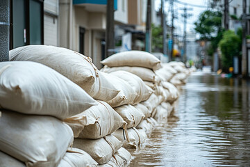 Flood protection measures using sandbags along a flooded street in an urban area