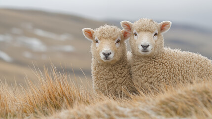 Obraz premium Twin lambs standing together in winter grassland looking at camera. Young sheep portrait showcasing farm animal companionship