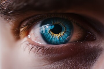Close-up of a mana??s vivid sapphire-blue eye, with bright highlights and intricate texture within the iris, captured in