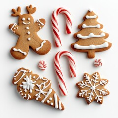 christmas gingerbread cookies and candy canes on white background