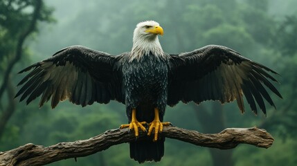 Majestic eagle perched, wings spread, misty forest backdrop; nature photography