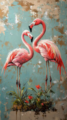 Pink flamingos display affection in vibrant artwork featuring colorful background and flora