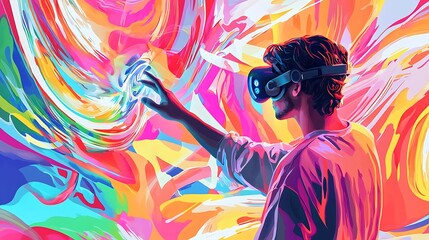 Immersive Virtual Reality Person Interacts with Swirling Vivid Abstract Colors Artistically
