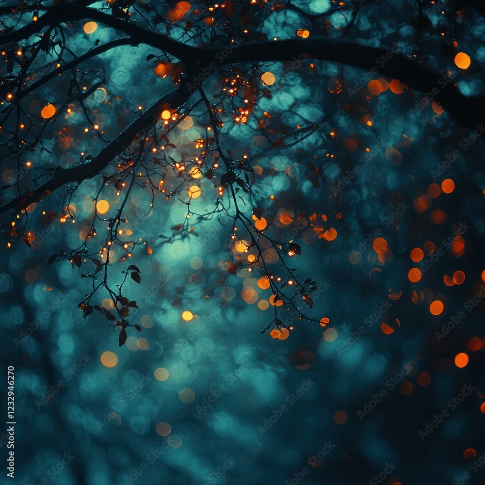 Poster illuminated tree branches with bokeh in a twilight forest