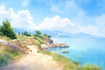 Fototapeta premium Serene watercolor landscape by the coast tranquil seashore nature art bright day scenic viewpoint