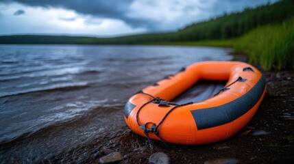 Fototapeta premium Orange inflatable boat on lake shore, stormy sky