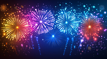 Naklejka premium Colorful fireworks exploding against dark sky, radiating brilliant sparks celebrating festive nighttime moments with vivid energy