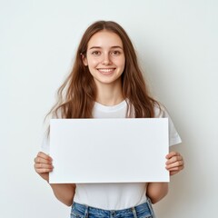 Fototapeta premium smiling young woman holding blank white sign
